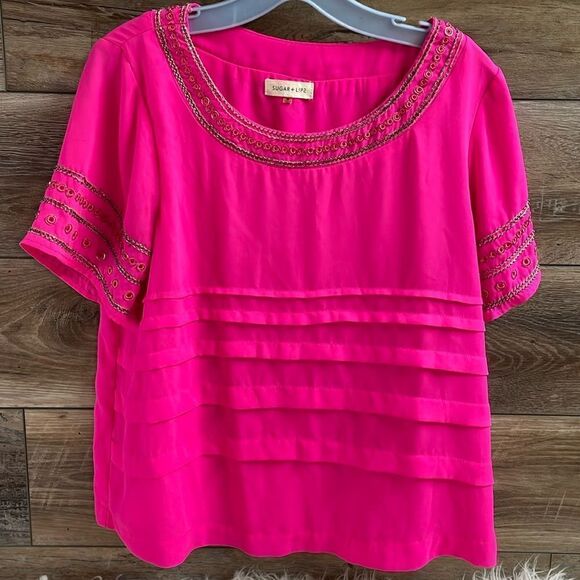 Sugar + Lips Tops - Sugar + Lips Hot Pink Embellished Short Sleeve Tiered Blouse Hot Pink Medium